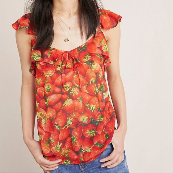 Anthropologie Ruffled Graphic Strawberry Print Tank Top Blouse Novelty Print - Picture 2 of 6